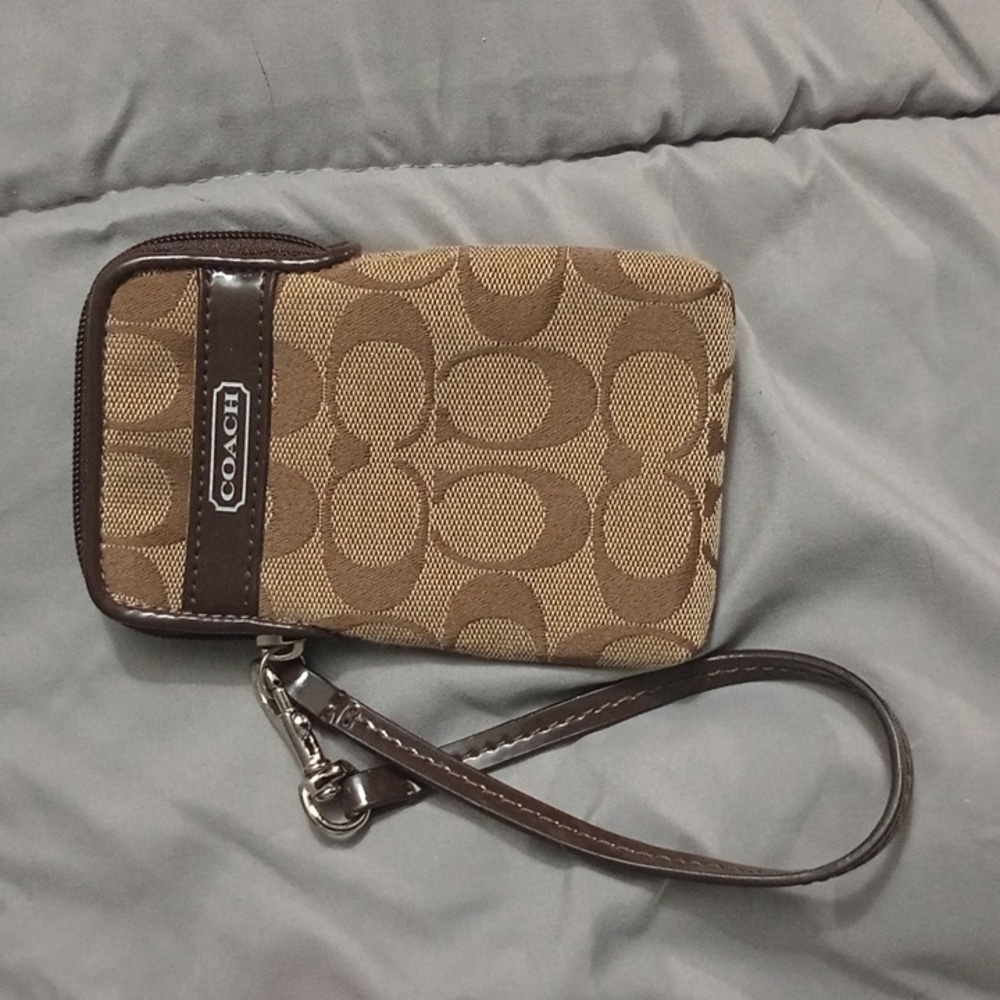 Coach Tan and Brown Signature Phone Holster Wristlet